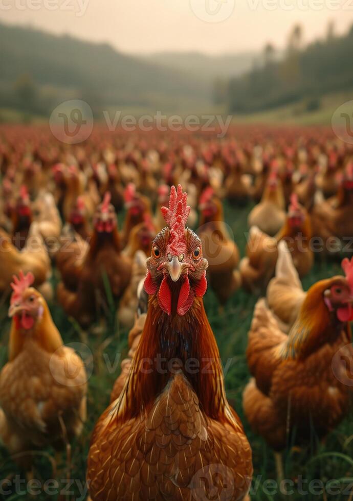 ai généré une grand groupe de poulets. une photo capturer une multitude de poulets recueillies ensemble dans une herbeux champ.