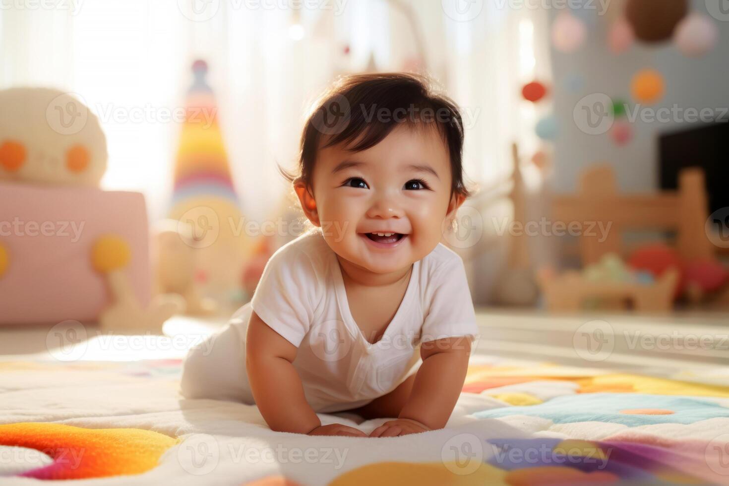 ai généré content asiatique bébé en jouant sur coloré couverture photo