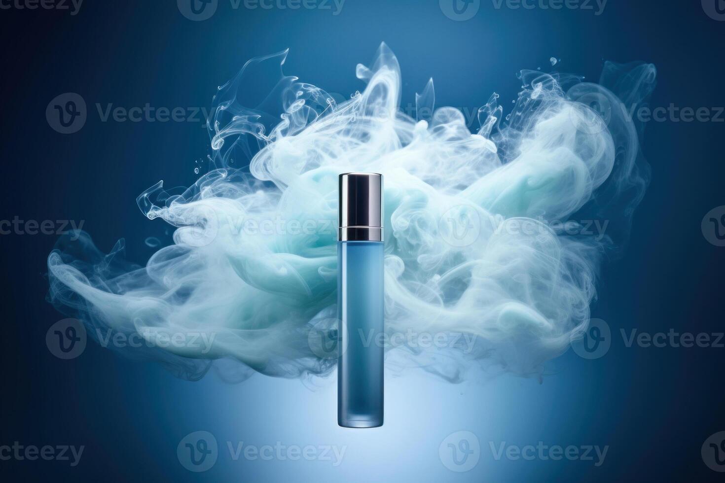 ai généré parfum bouteille avec bleu fumée photo