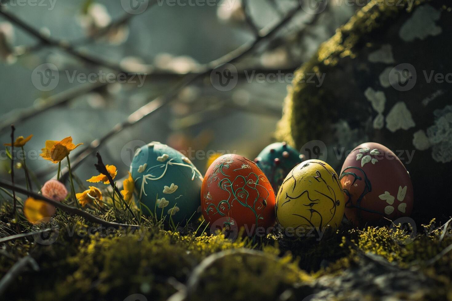 ai généré coloré Pâques des œufs mensonge sur le herbe photo