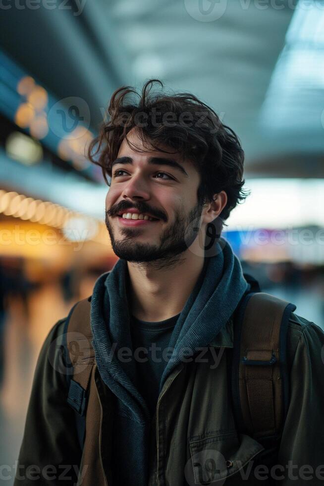 ai généré Jeune homme à le aéroport photo