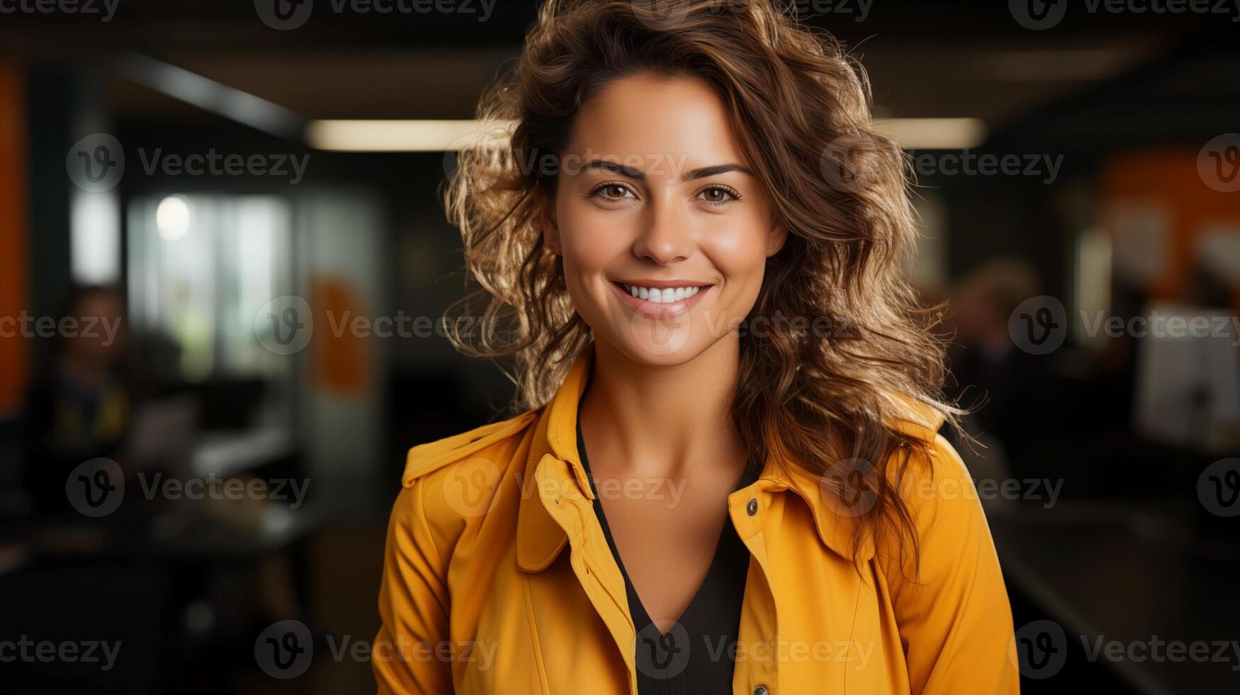 ai généré content 35 ans vieux femme d'affaires, qui est souriant et en riant, portant brillant vêtements. Bureau sur Contexte photo