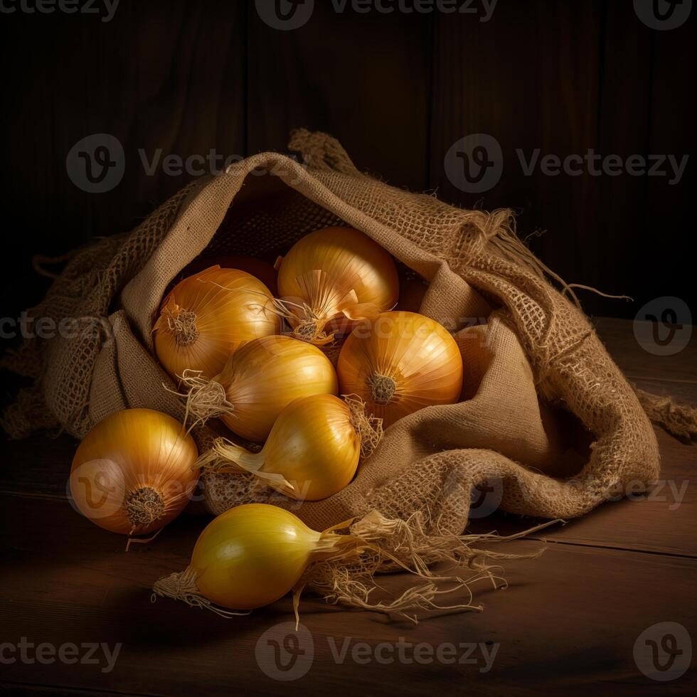 ai généré navet et vert oignons près une toile de jute sac sur une en bois tableau. ai génératif photo