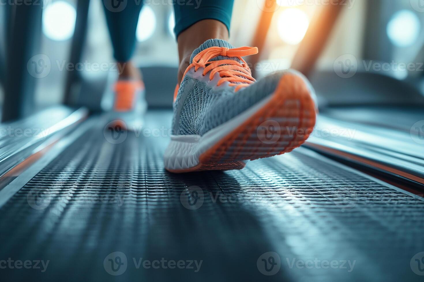 ai généré fermer de brillant fonctionnement des chaussures dans action sur une tapis roulant, représentant une aptitude faire des exercices dans une Gym paramètre. sport Gym aptitude concept. photo