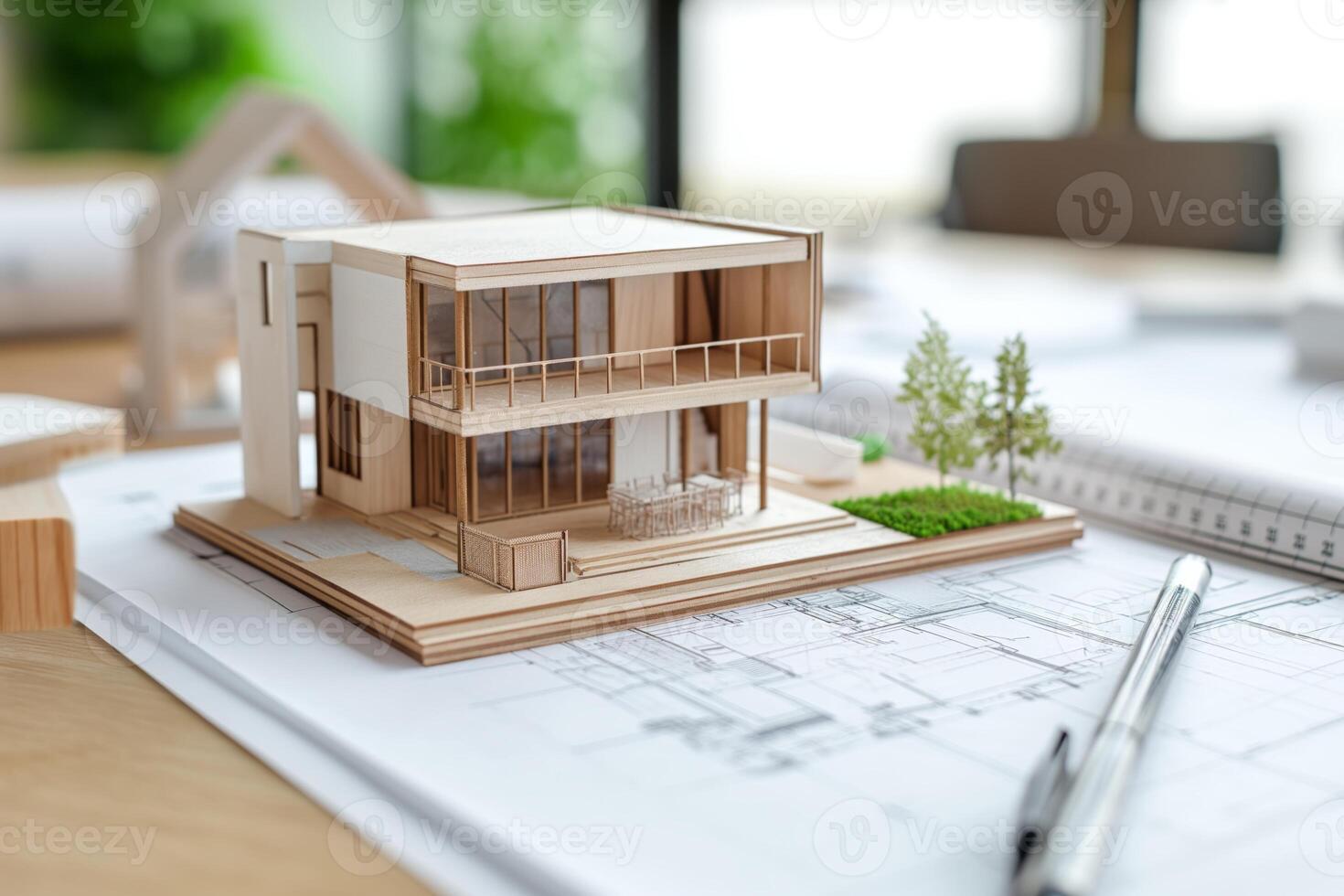 ai généré une Bien organisé scène montrant architectural projet dessins, avec une miniature maison modèle mis à côté de eux, représentant le Traduction de des plans dans une tangible structure, photo