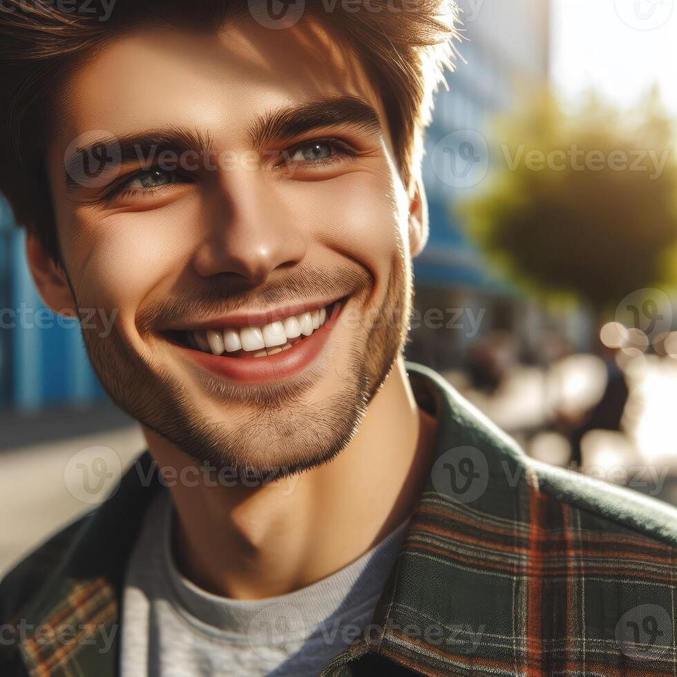 image de le européen Jeune homme, en marchant dehors, souriant. gens photo