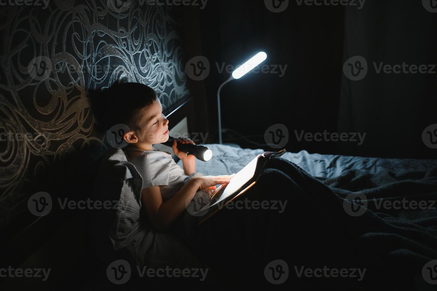 enfant en train de lire livre dans lit. des gamins lis à nuit. peu garçon avec Fée conte livres dans chambre . éducation pour Jeune les enfants. heure du coucher récit dans le soir. mignonne enfant en dessous de couverture dans foncé pièce avec lampe photo