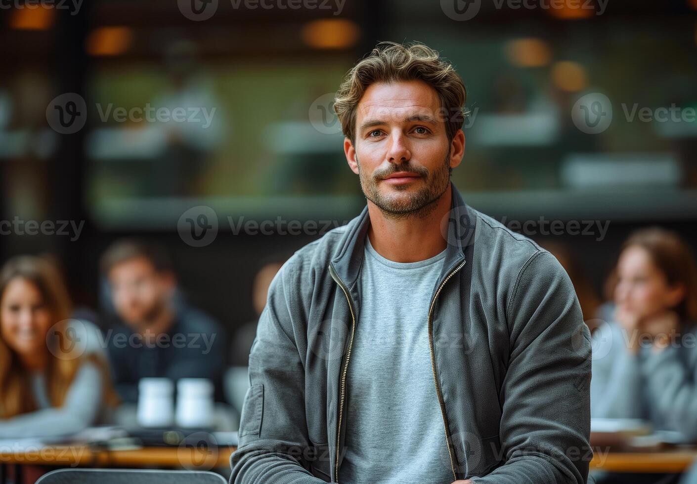 ai généré un employé est en présentant à une chambre. une homme est assis à une table comme une groupe de gens recueillir autour, engagé dans conversation. photo