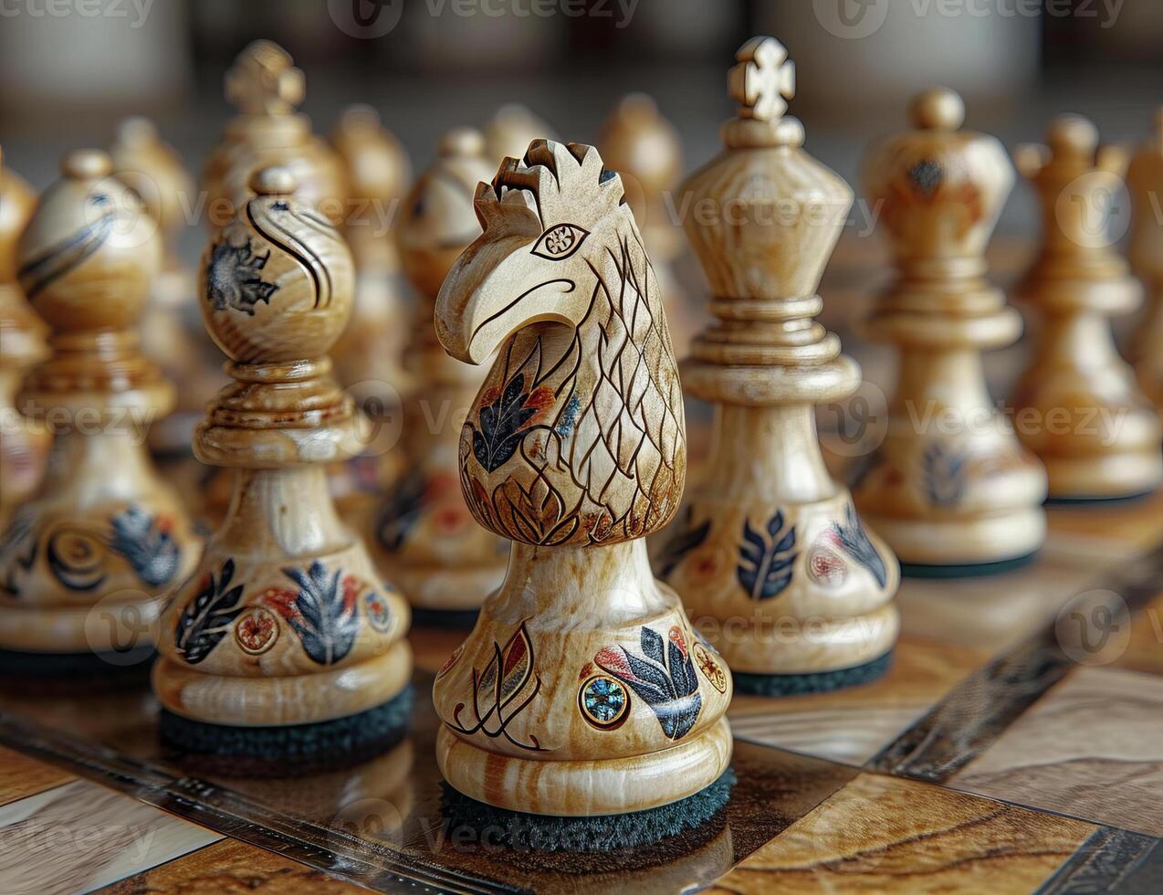 ai généré aigles échecs pièces mensonge en dehors sur le échiquier. une proche en haut image mettant en valeur une échecs planche avec divers pièces, mise en évidence le stratégie et compétition impliqué dans le jeu. photo