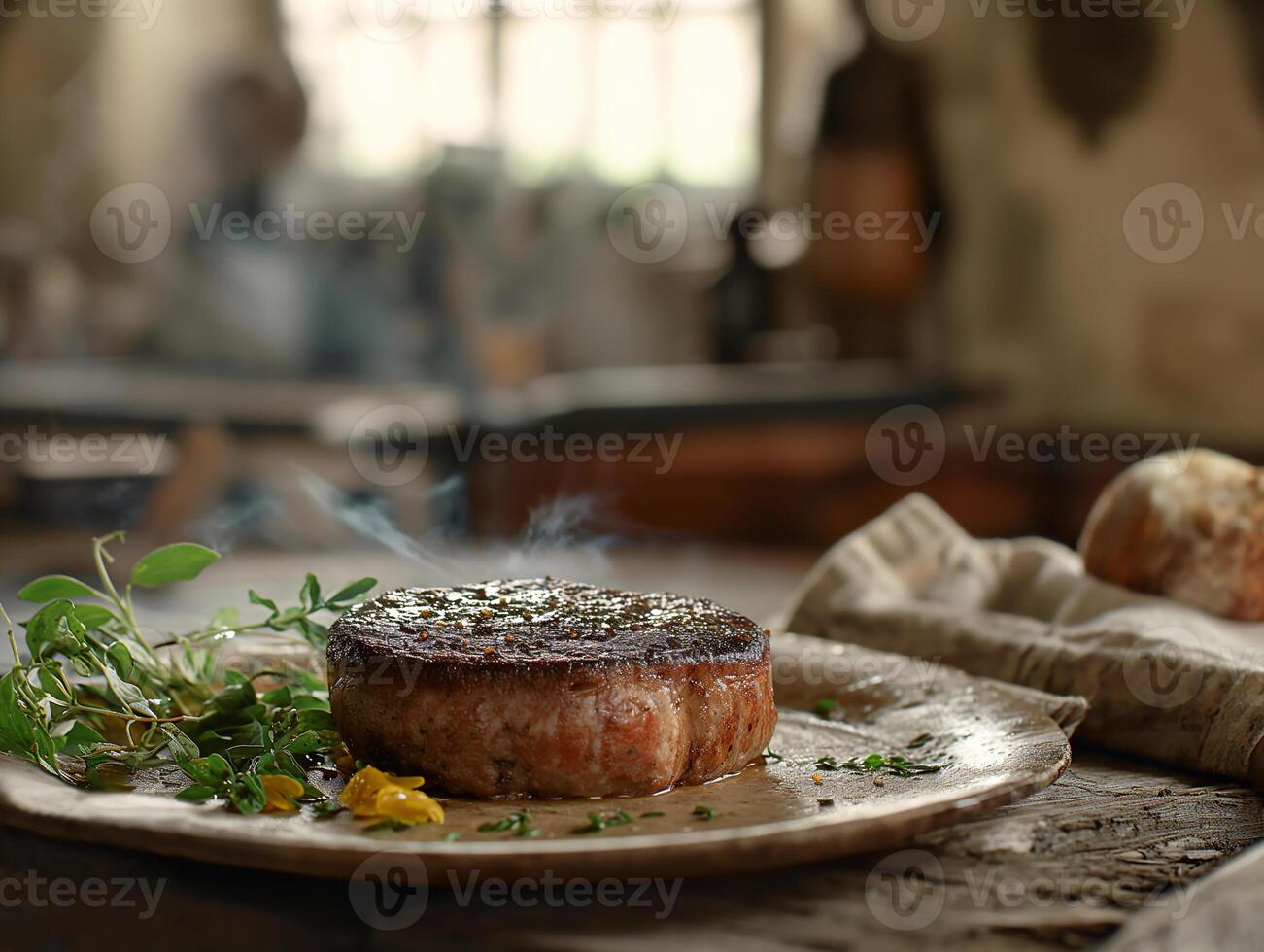 ai généré une assiette de steak a été ensemble sur une en bois table dans une cuisine avec plongement sauces, Frais des légumes salade, oignons et poivrons, génératif, ai photo