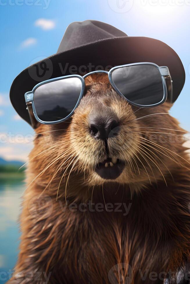 ai généré portrait de une castor dans des lunettes de soleil et une chapeau. ai généré photo