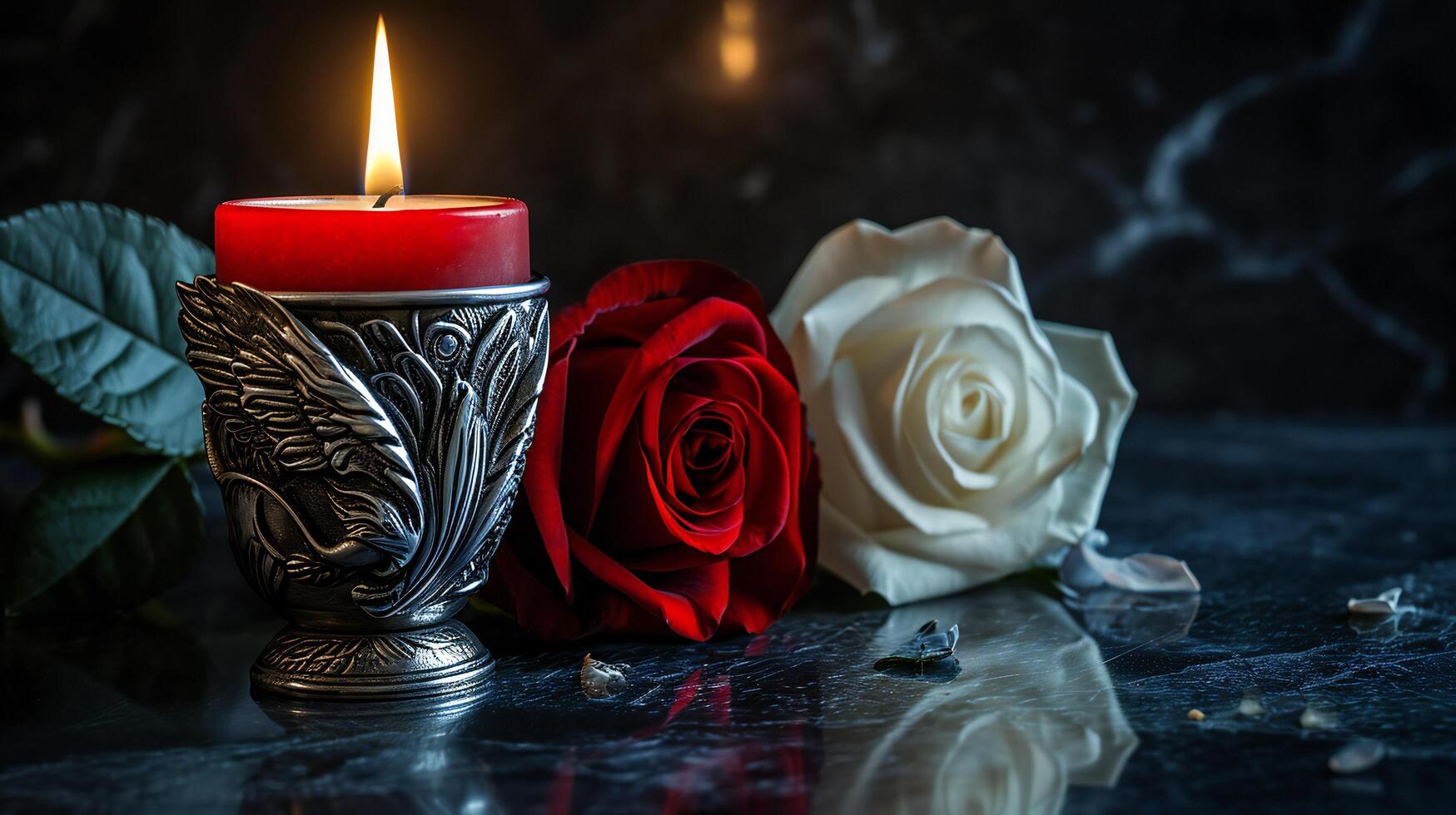 ai généré rouge bougie avec ange ailes et des roses sur marbre photo