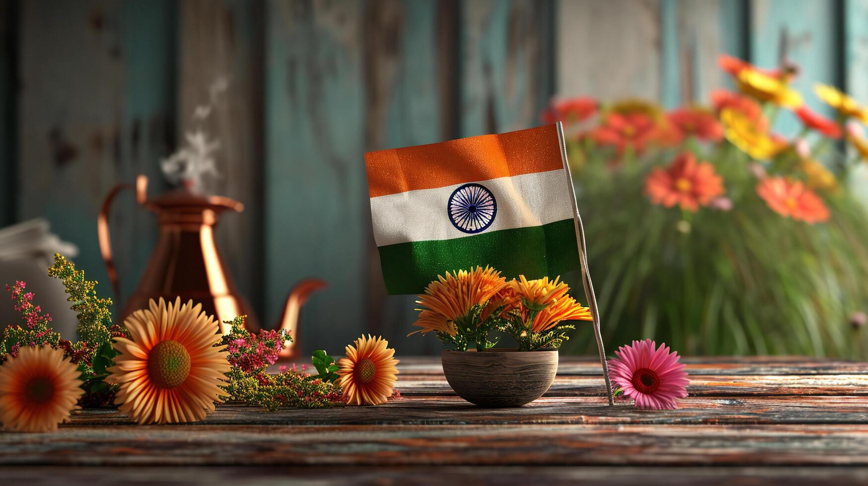 ai généré rustique Indien drapeau arrangement avec coloré fleurs photo