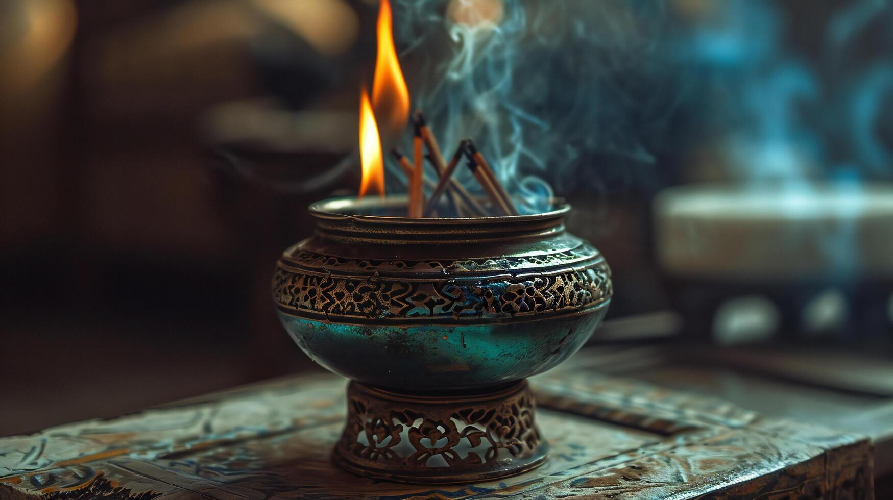 ai généré ancien encens brûleur avec ardent flammes et mystique fumée photo