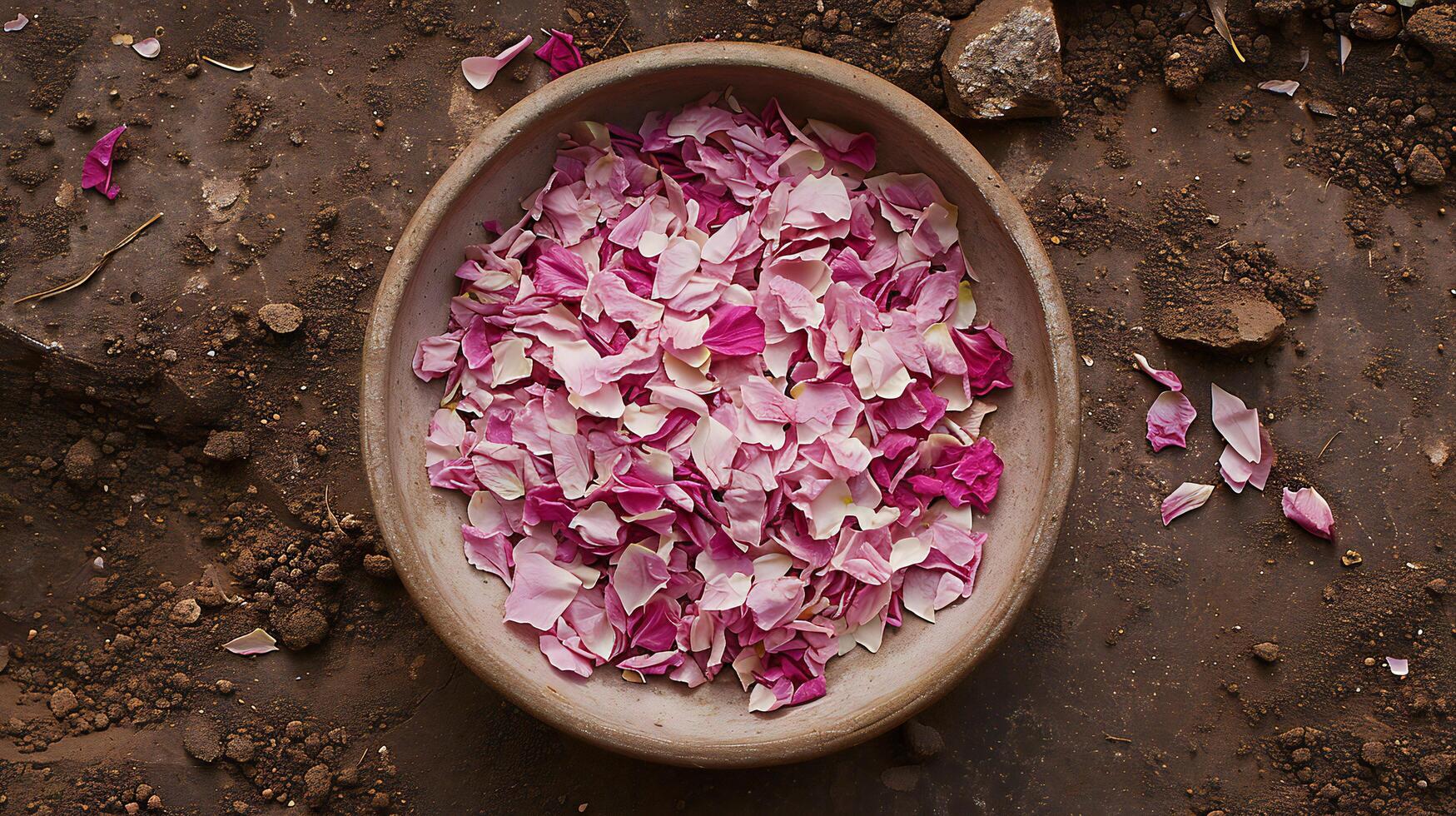 ai généré nuances de rose pétales recueillies dans terreux bol photo