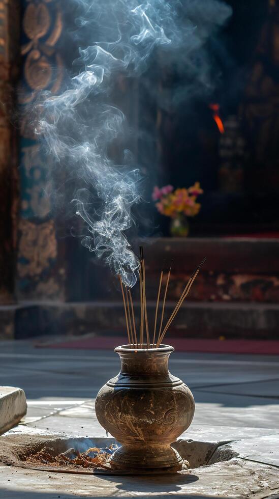 ai généré fleuri encens brûleur avec en hausse fumée dans ensoleillé temple photo