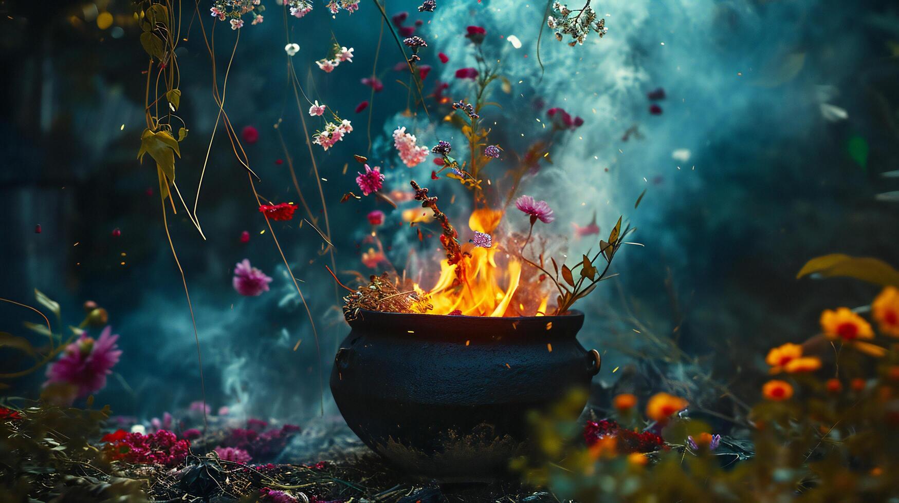 ai généré éthéré Feu au milieu de une fleurs sauvages Fée conte photo