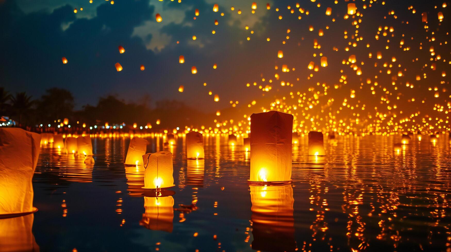 ai généré embrasé lanternes sur l'eau création une d'or vue photo