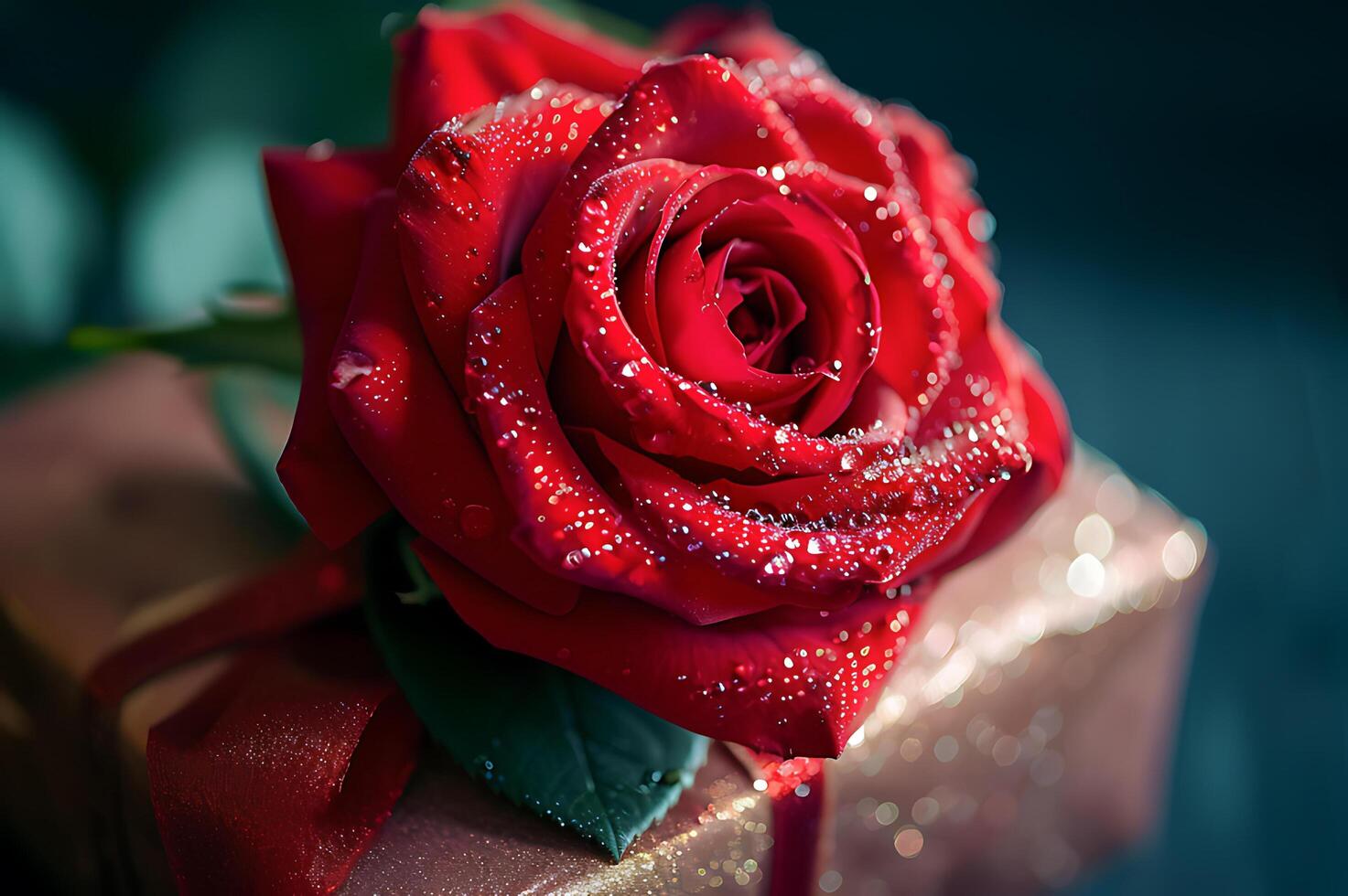 ai généré rouge des roses et rosée gouttes sur cadeau des boites pour des couples scintillait sur la Saint-Valentin journée photo