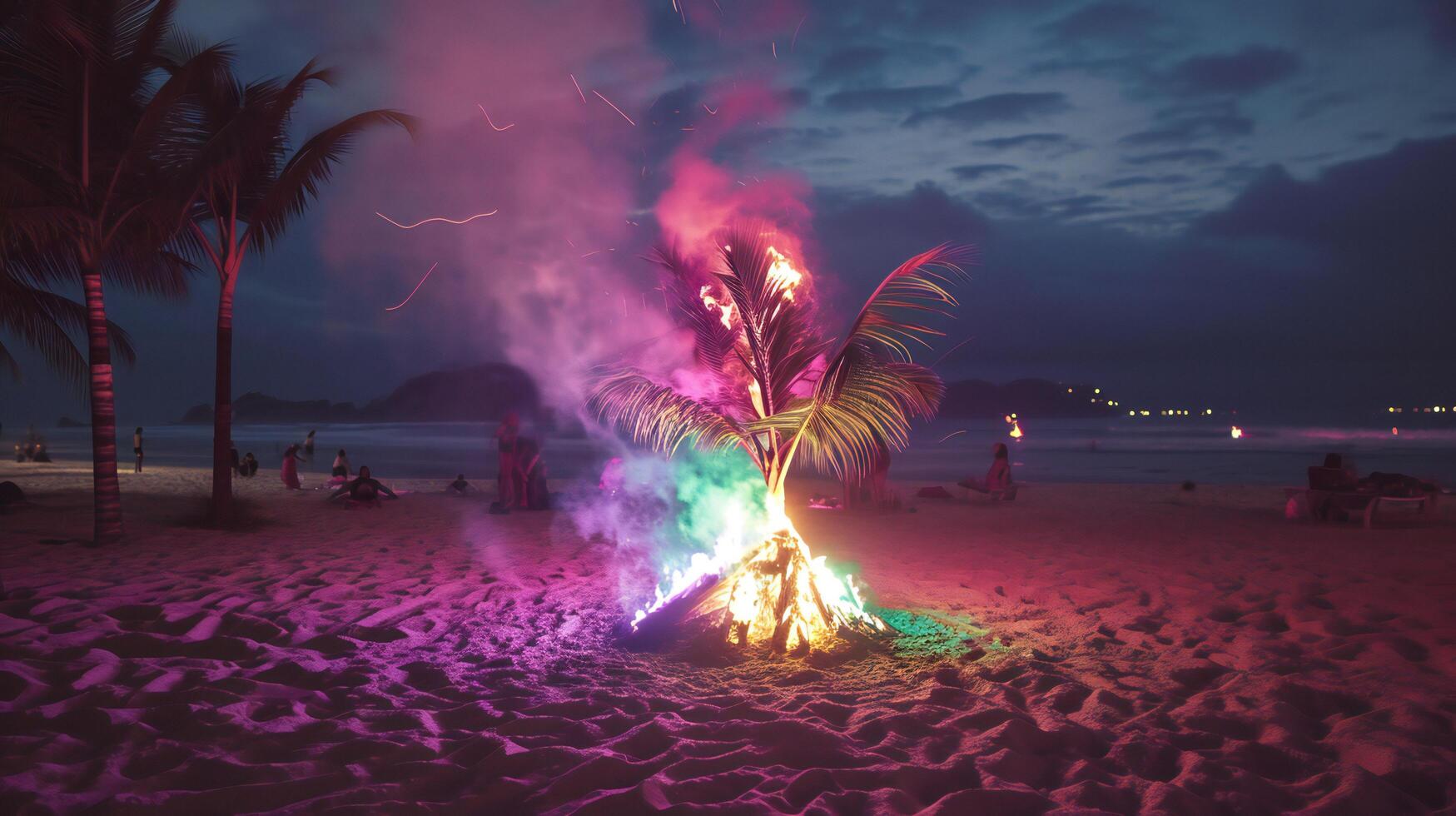 ai généré plage feu en dessous de une crépuscule ciel photo