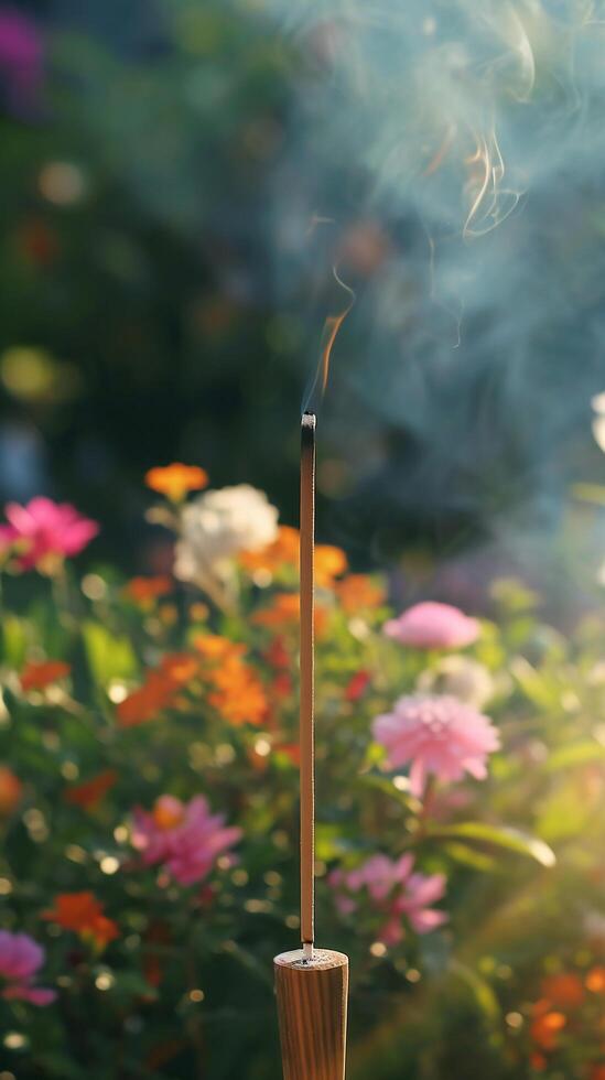 ai généré encens bâton sérénité dans une floral jardin photo