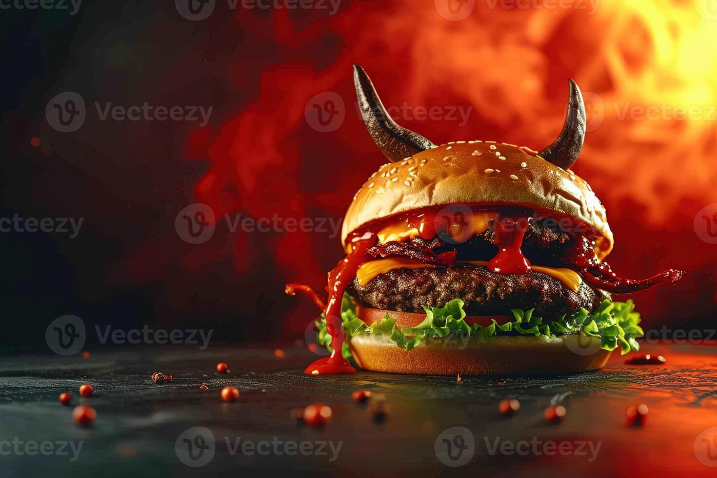 ai généré diable forme Hamburger dans une enfer dans flamme Contexte photo