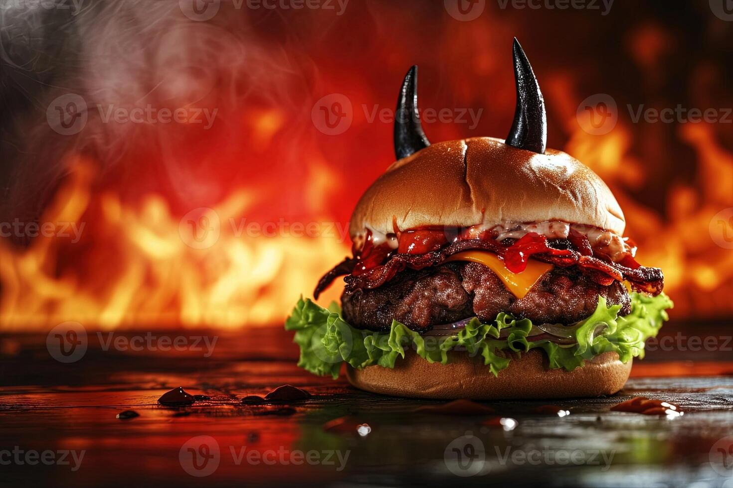 ai généré diable forme Hamburger dans une enfer dans flamme Contexte photo