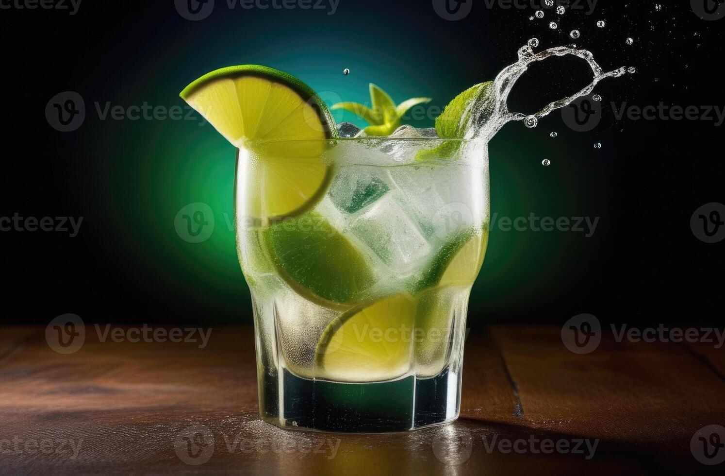 ai généré été cocktail avec citron vert et menthe, lutin Vodka alcoolique cocktail, doux boisson avec glace, international barmans jour, l'eau gouttes, en bois tableau, vert Contexte photo