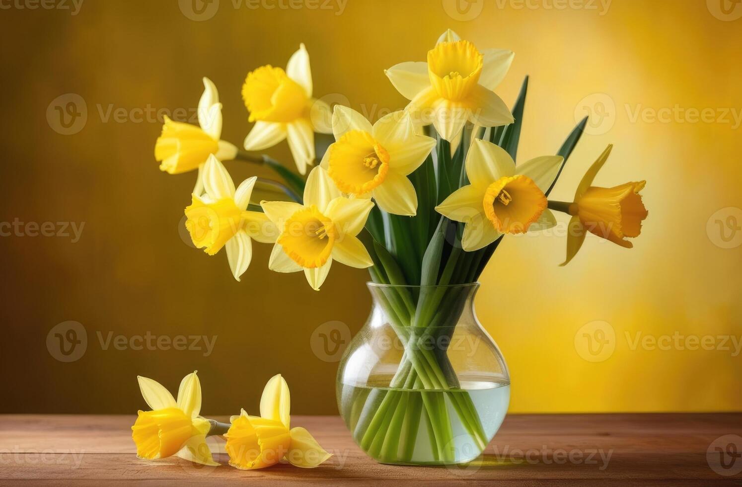 ai généré st. David jour, international aux femmes jour, bouquet de Jaune jonquilles dans une verre vase, printemps fleurs, Jaune Contexte photo