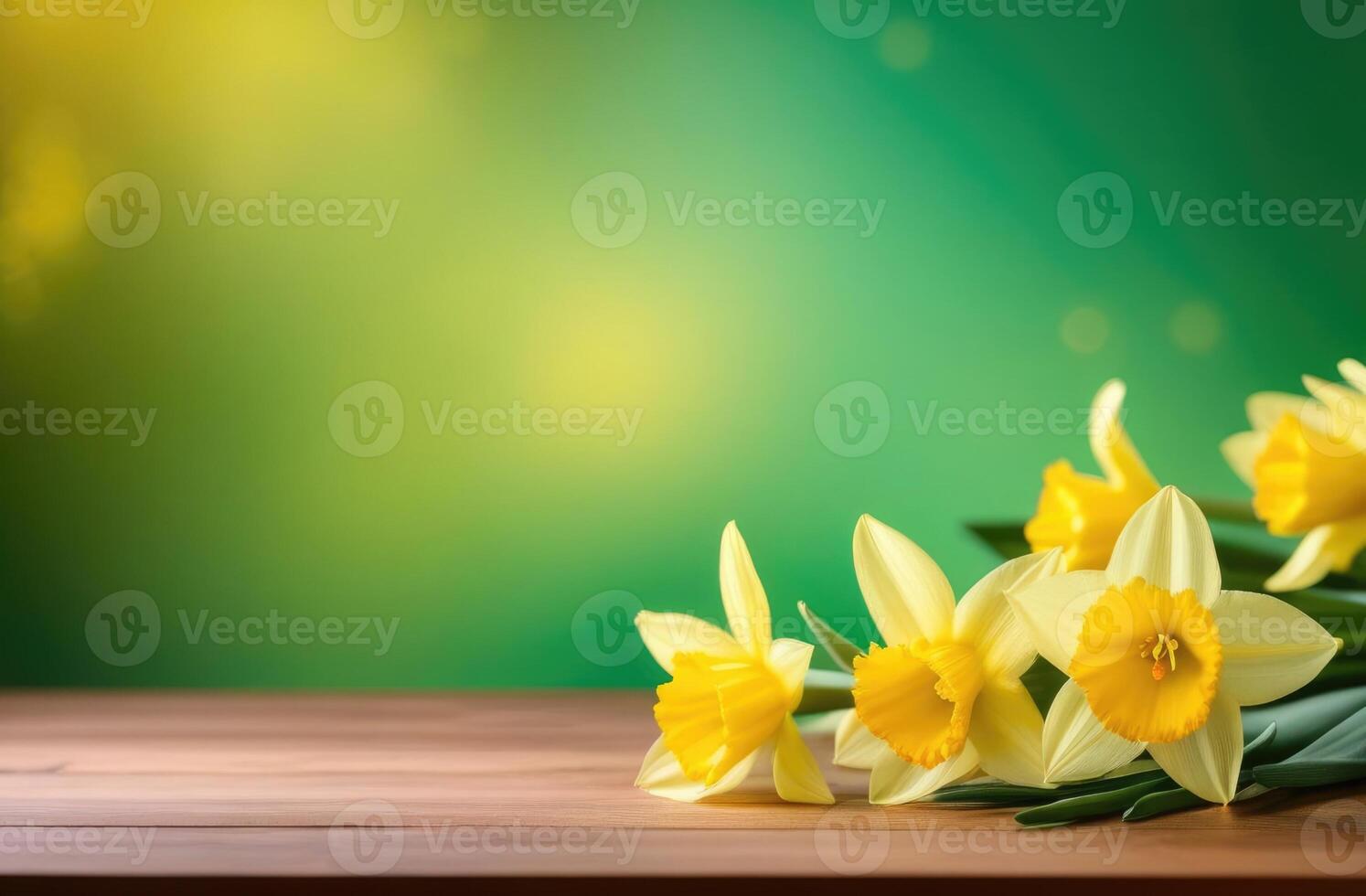 ai généré horizontal bannière, st. David jour, international aux femmes jour, les mères jour, printemps fleurs, bouquet de Jaune jonquilles, vert arrière-plan, en bois table photo