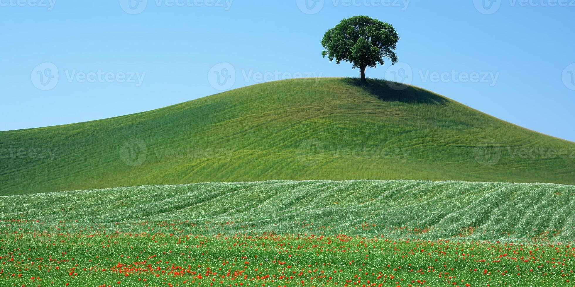 ai généré un arbre sur vert colline photo