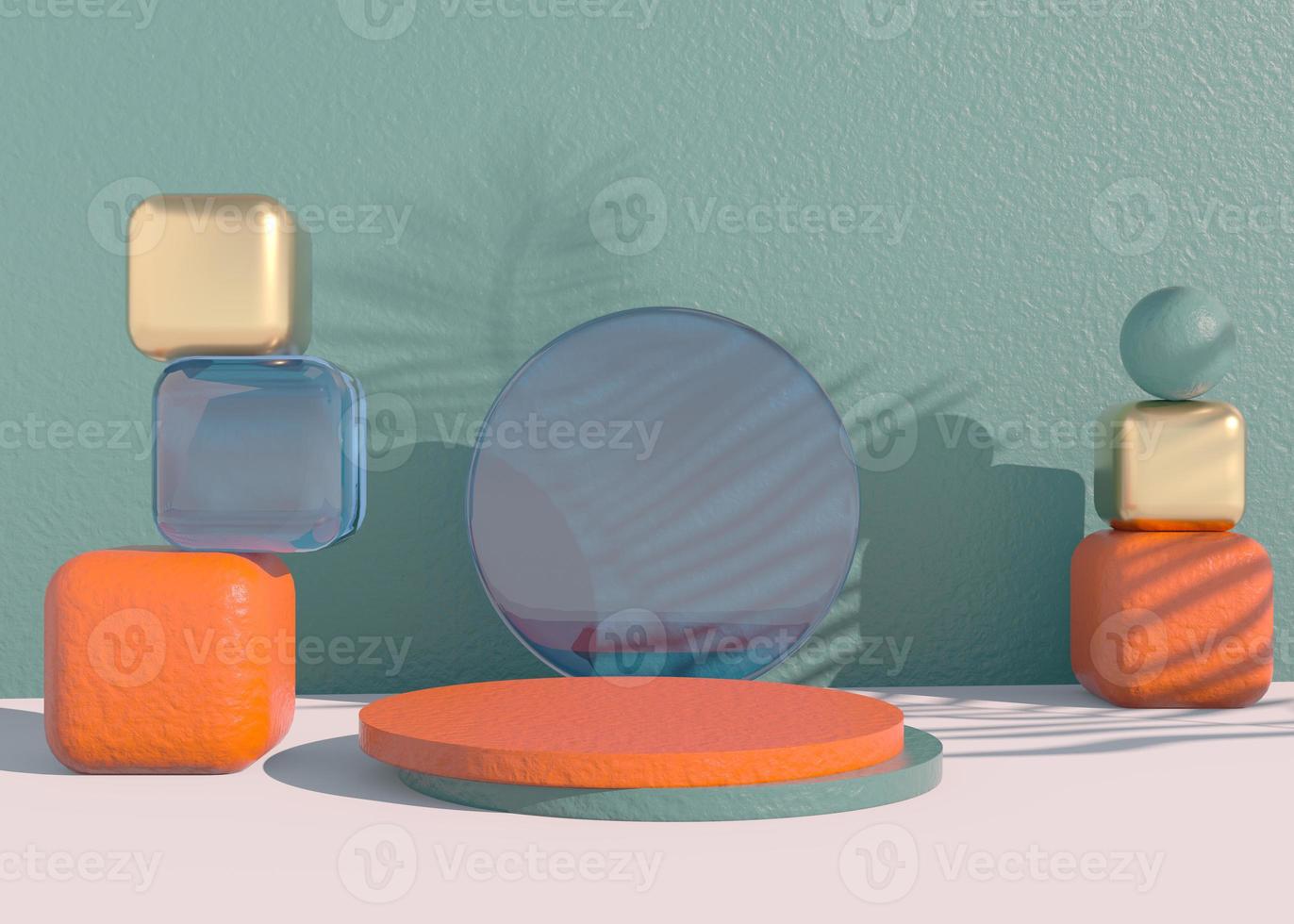 podium avec des ombres de feuilles de palmier pour la présentation de produits cosmétiques. maquette de toile de fond de piédestal de vitrine vide. rendu 3D. photo