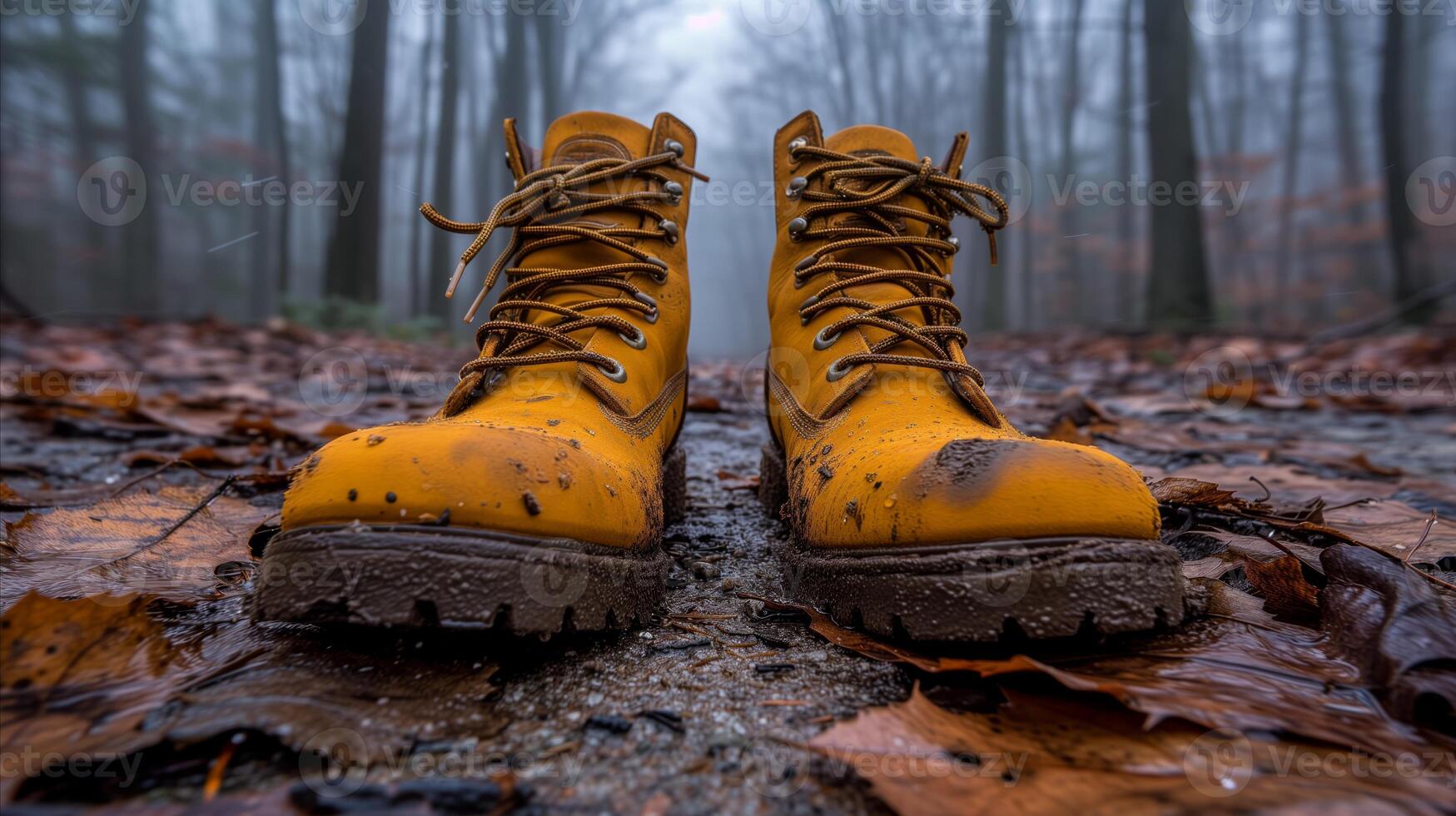 ai généré Jaune bottes sur feuille couvert sol photo