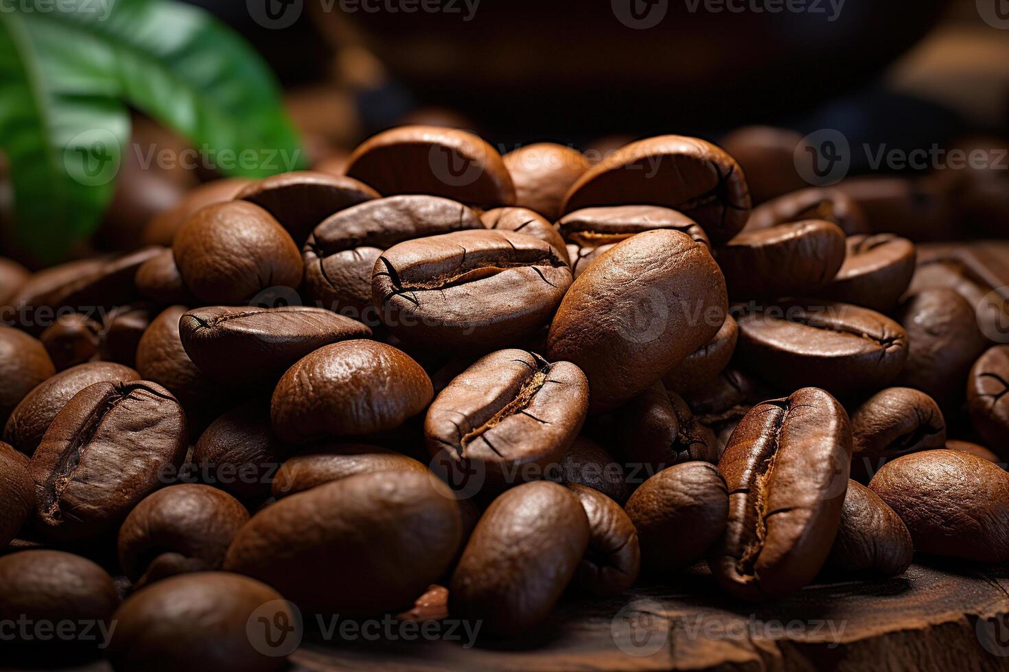 ai généré tas de café marron rôti des haricots avec café vert feuille, fermer photo