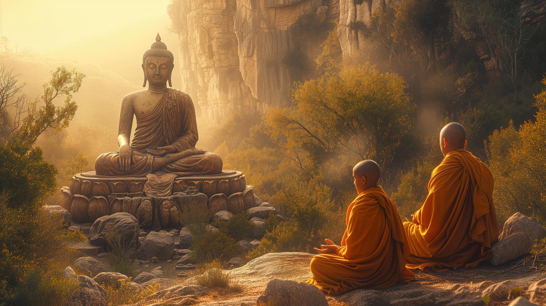 ai généré bouddhiste les moines engageant près serein Bouddha statue. génératif ai. photo