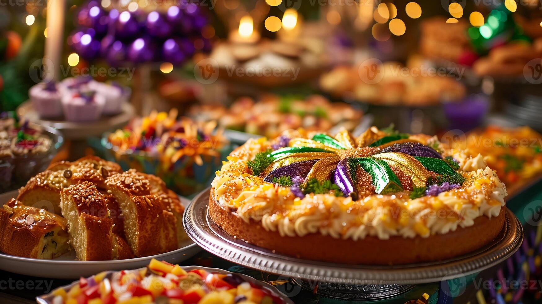 ai généré Roi gâteau avec vert, jaune, violet décor. table avec traditionnel mardi gras traite. ai génératif photo