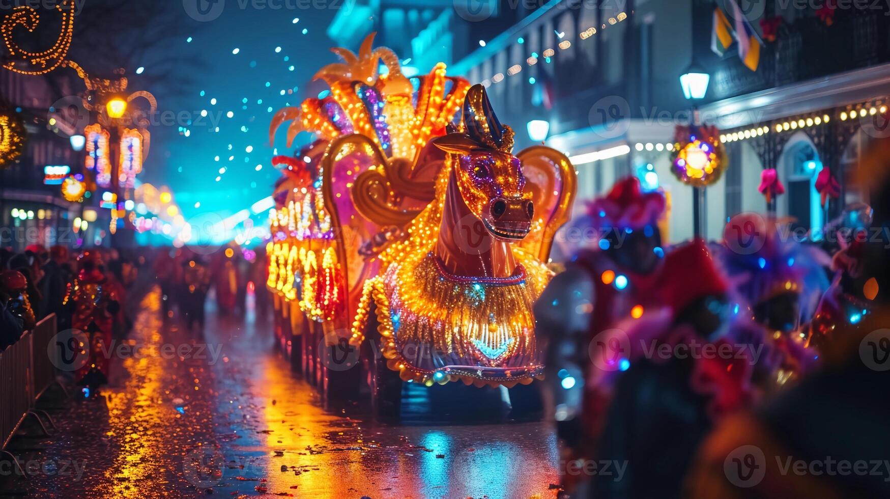 ai généré la nuit mardi gras parade. illuminé flotteurs et chatoyant lumières de Nouveau Orléans. ai génératif photo