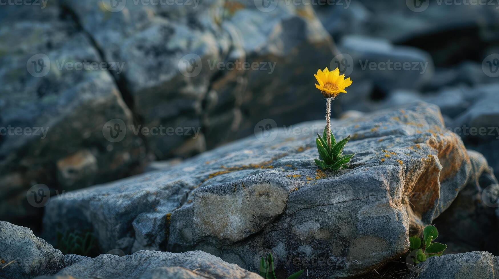 ai généré une solitaire fleur fleurit au milieu de robuste rochers, la nature résilient beauté dans dur terrain, ai généré photo