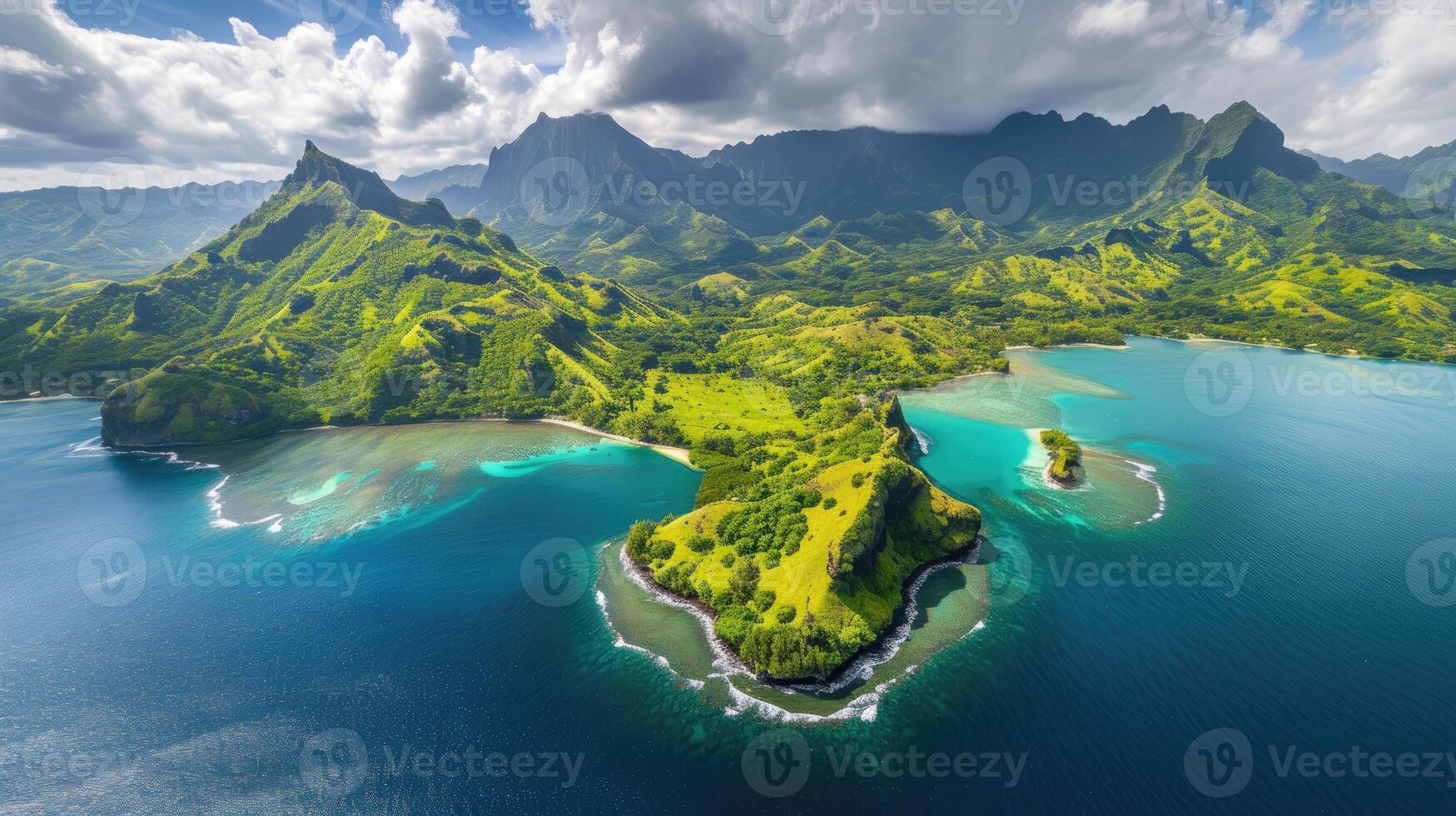 ai généré aérien vue capture une étourdissant île avec luxuriant vert montagnes et Azur des eaux, ai généré photo