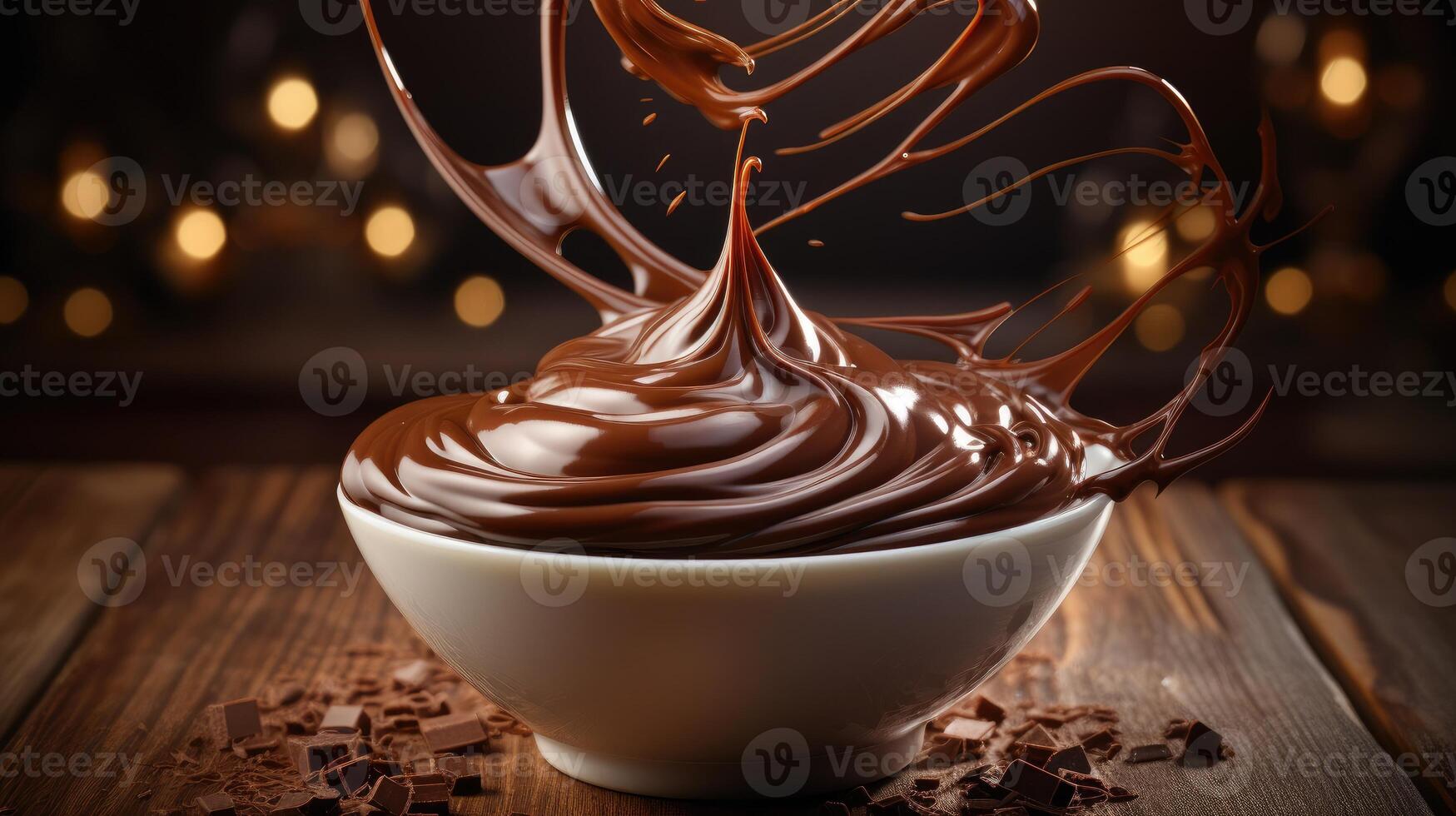 ai généré velouté Chocolat crème les flux de une fouet, enrichissant une relié à une table bol, ai généré. photo