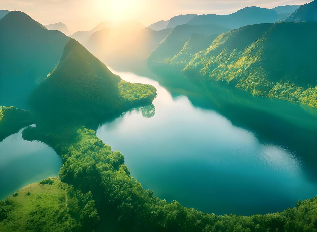 ai généré aérien voir. magnifique émeraude mer et Montagne paysage. photo