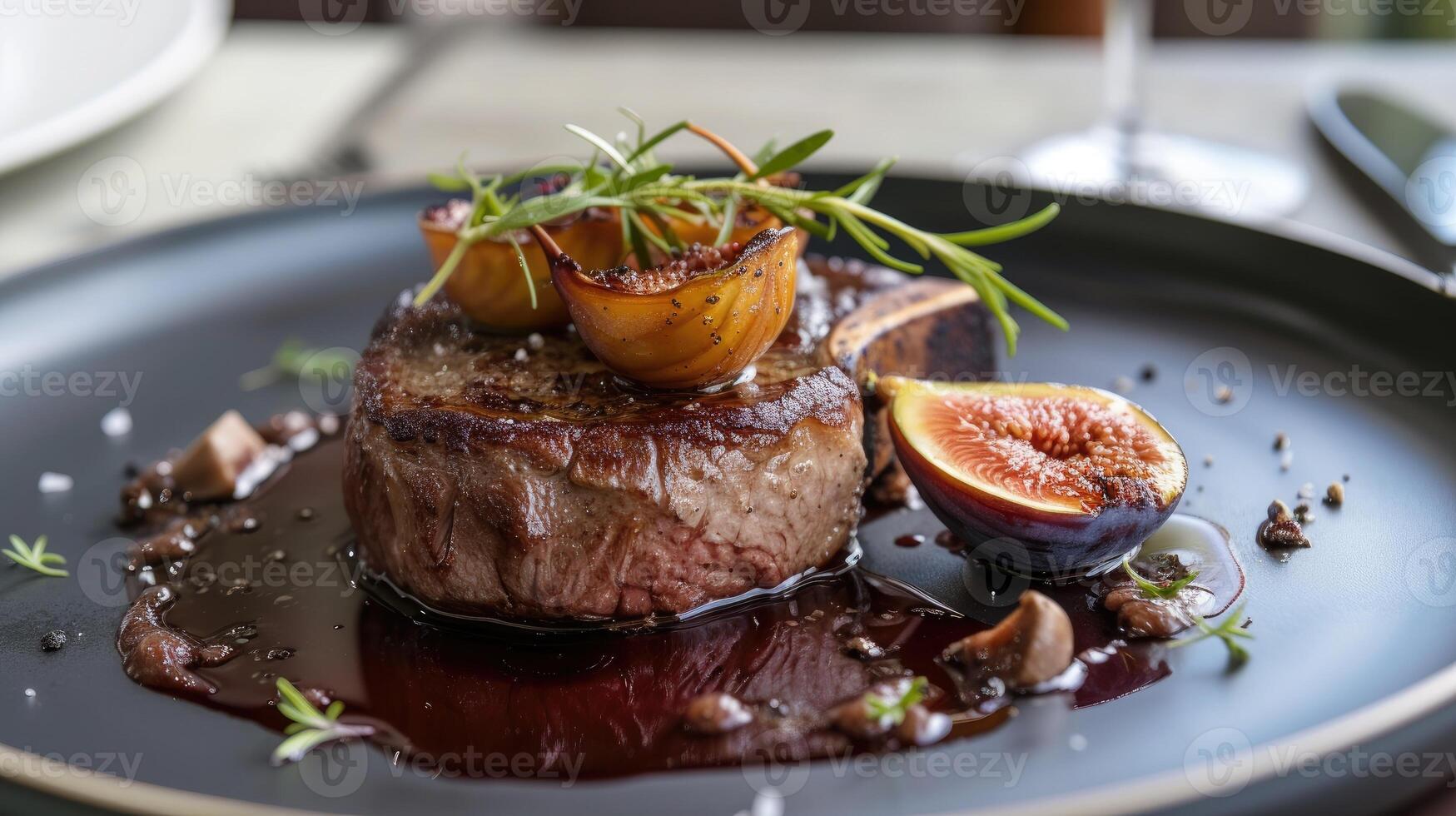 ai généré succulent steak jumelé avec figues et bruine avec délectable sauce, ai généré. photo