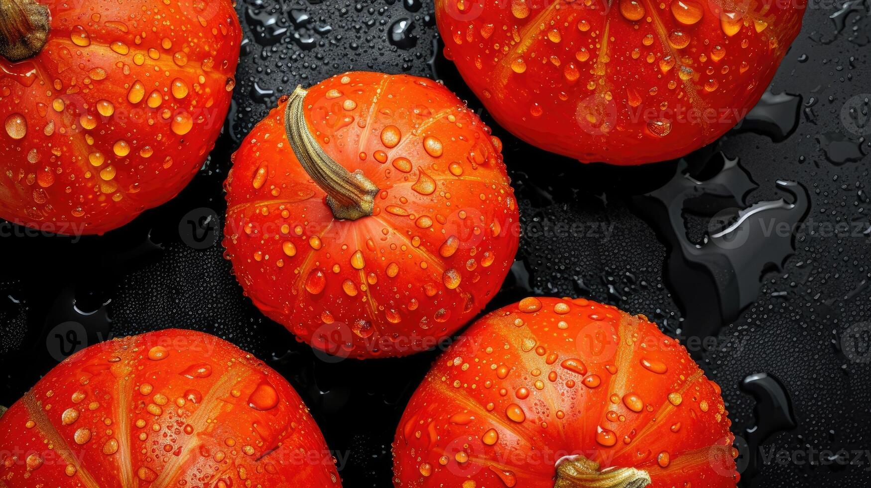 ai généré vibrant Orange citrouilles avec l'eau gouttes sur une noir arrière-plan, une Frais automnal séduire, ai généré. photo