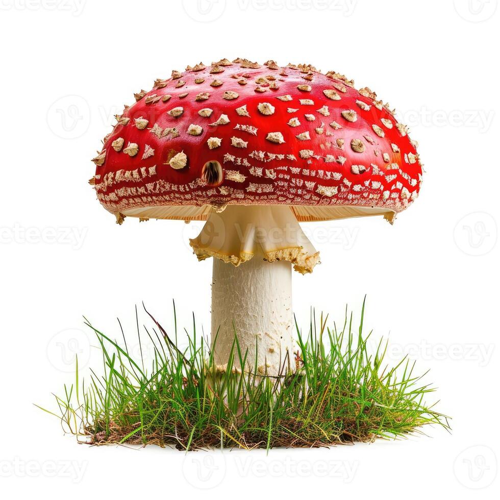 ai généré Pointé rouge et blanc champignon vénéneux champignon isolé sur blanc arrière-plan, ai généré. photo