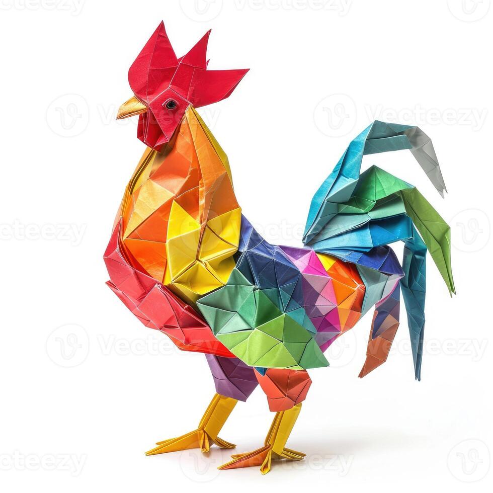 ai généré coloré origami poulet, unique papier polygone ouvrages d'art, idéal animal de compagnie concept, ai généré photo