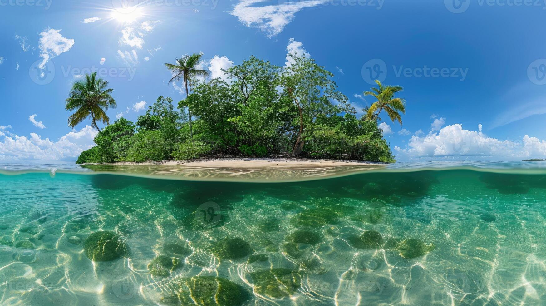 ai généré échapper à une étourdissant tropical île par une 360 sphérique panorama, entouré par clair des eaux et vibrant des arbres. ai généré. photo