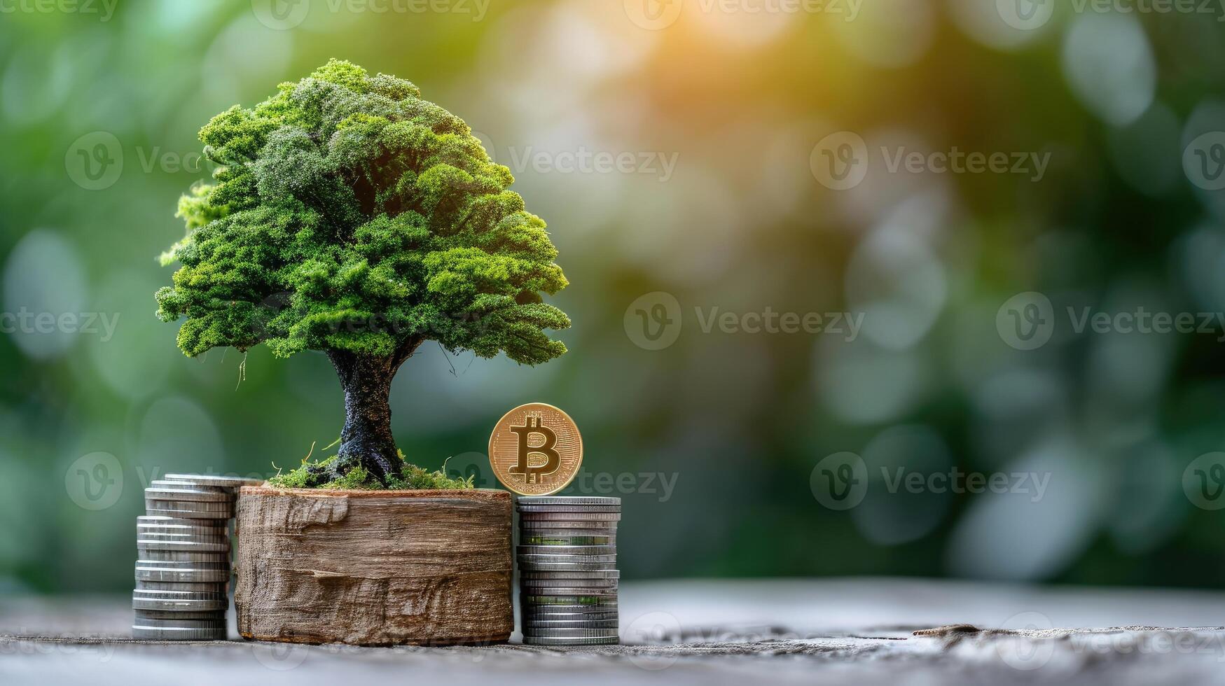 ai généré une bloc de bois avec une petit arbre sur une empiler de pièces de monnaie, symbolisant esg investissement pour durable organisationnel développement, ai généré photo