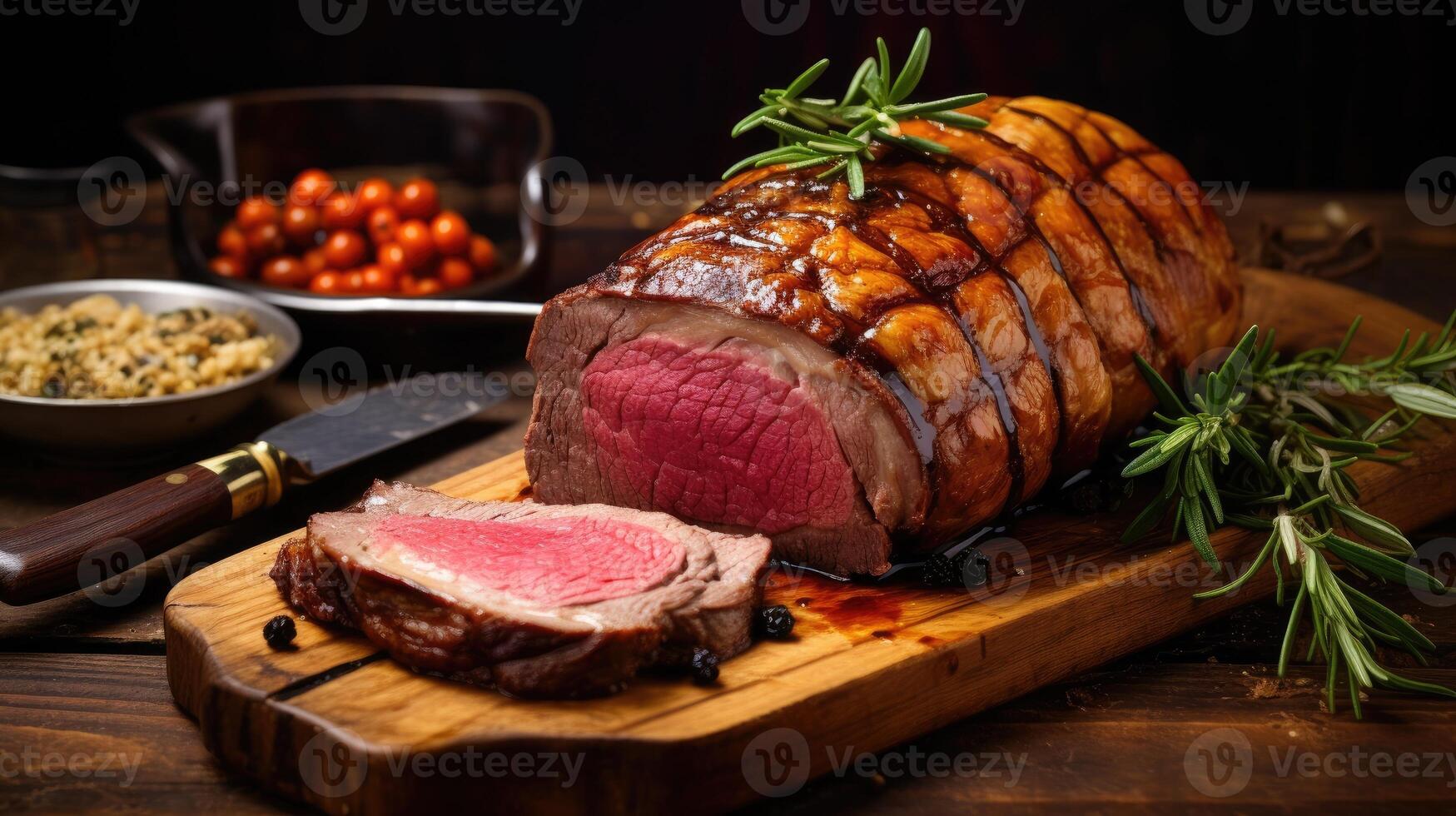 ai généré se livrer dans le gastronomique chef-d'oeuvre de une filet du boeuf Wellington, une gourmet sensation enveloppé dans sarriette Pâtisserie, ai généré. photo