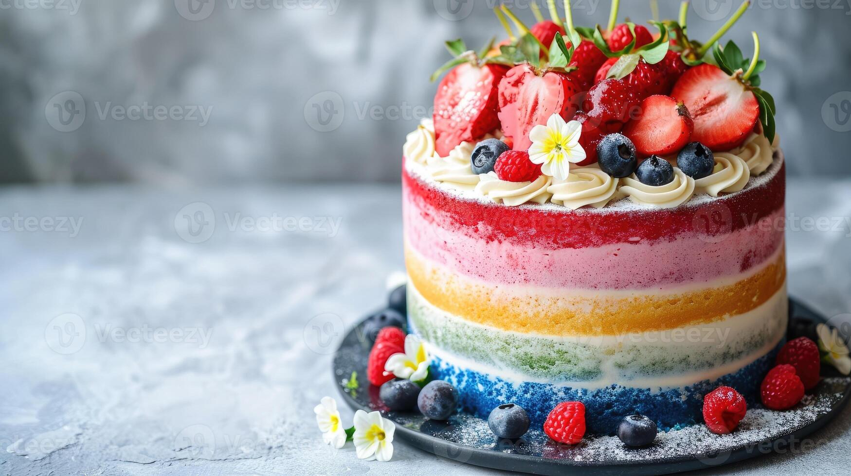 ai généré délice dans le coloré spectacle de une arc en ciel gâteau, ses couches orné avec duveteux fouetté crème, une dessert chef-d'œuvre, ai généré. photo