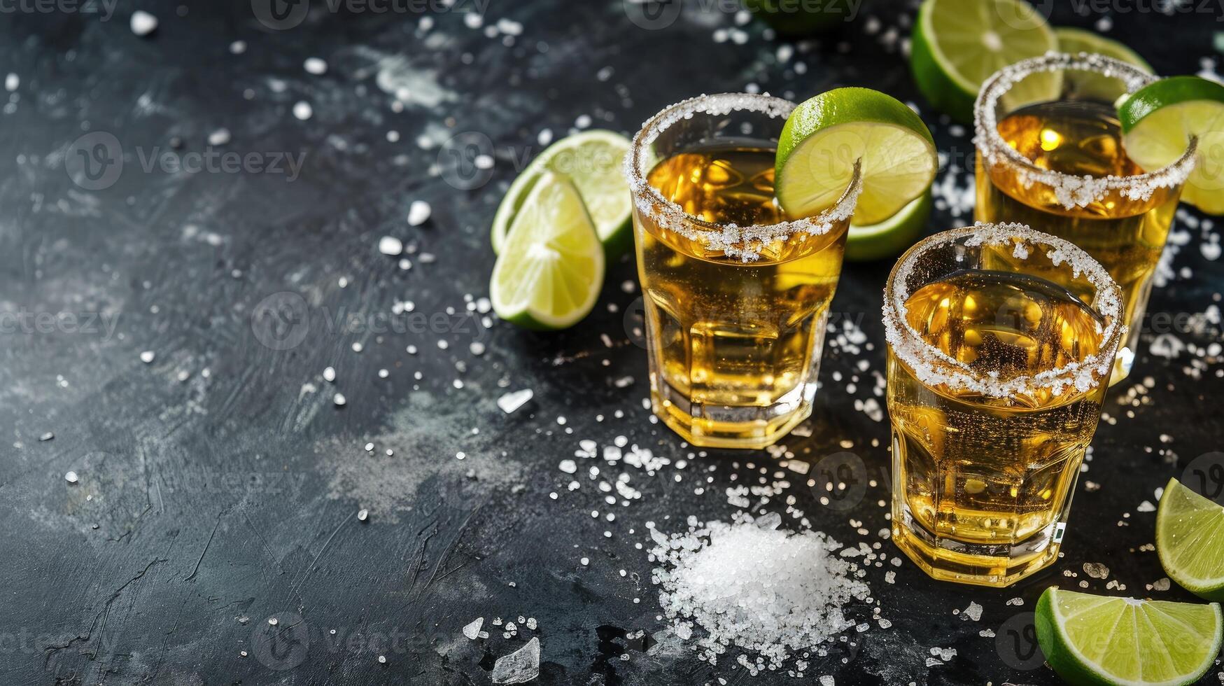 ai généré le des lunettes de Tequila avec citron vert tranches sur une tableau, ai généré photo